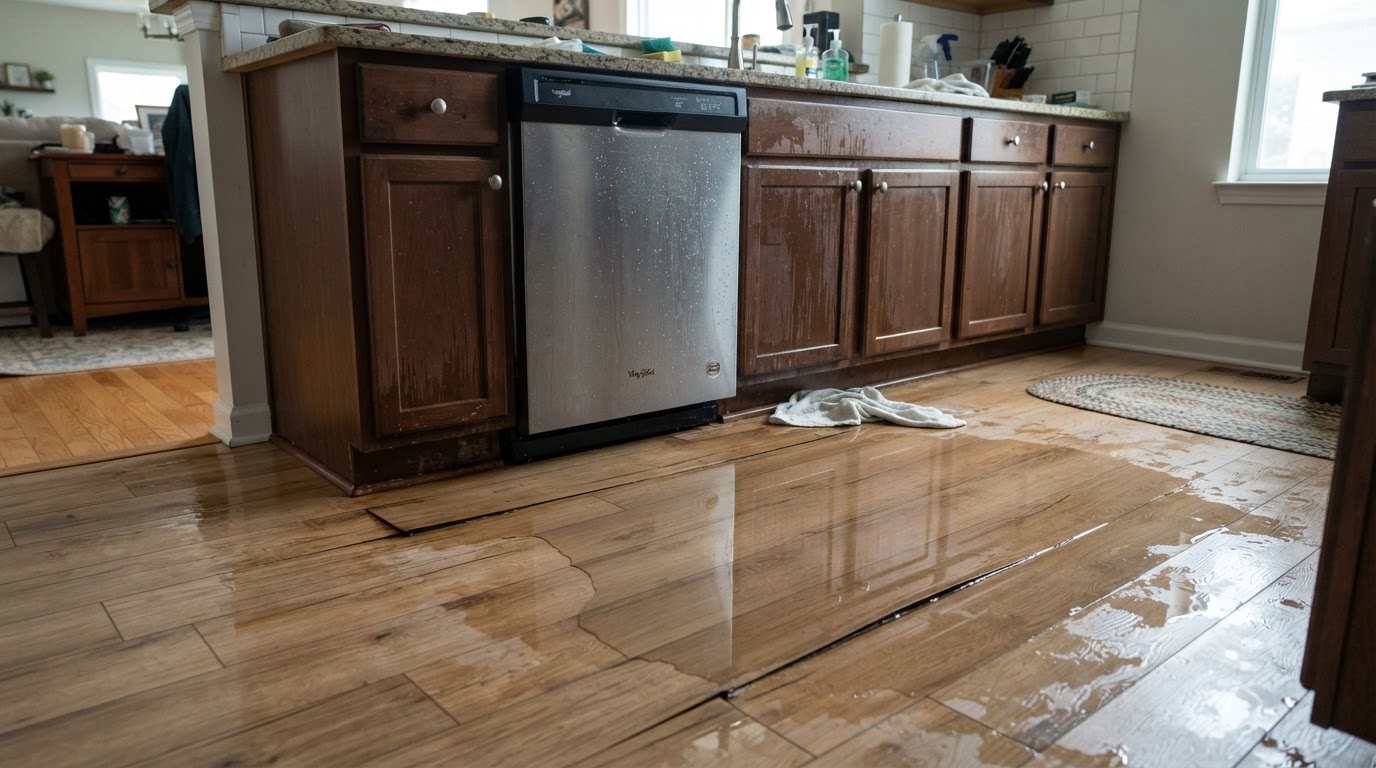 water damage beneath a leaking dishwasher on a Wilmington NC kitchen floor with pooling water
