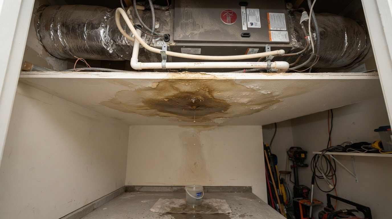 ceiling water damage from a clogged HVAC AC condensate drain line in a Wilmington NC utility closet