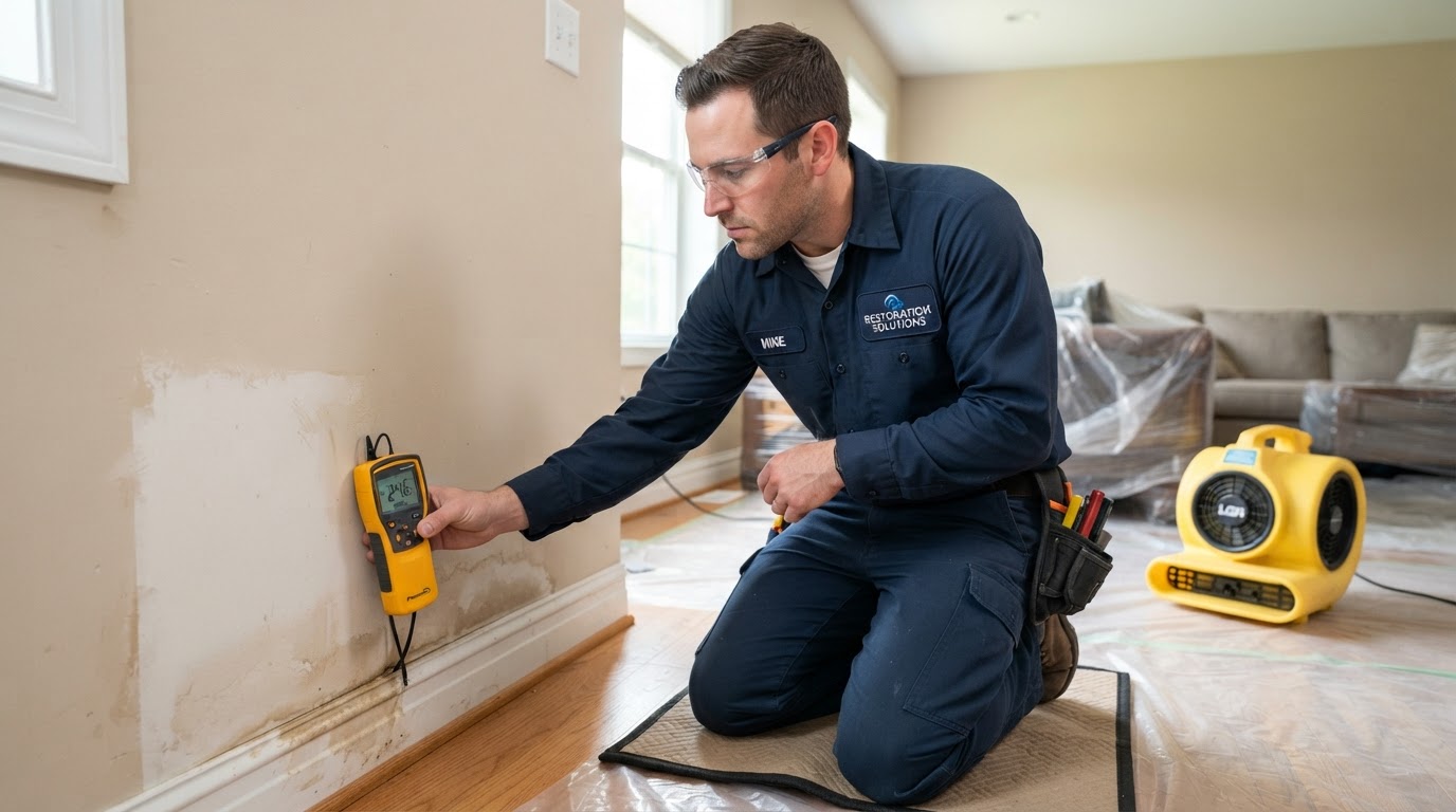 water restoration moisture inspection technician in clean uniform holding a digital moisture meter against a drywall wall and baseboard in a residential home