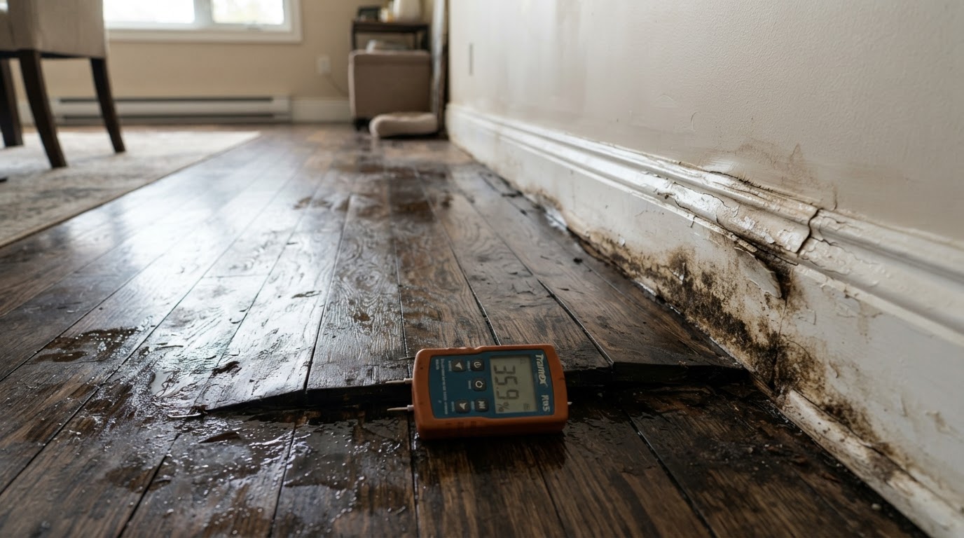 damp discolored hardwood flooring with swollen baseboards from hidden slab leak moisture in a Wilmington NC home