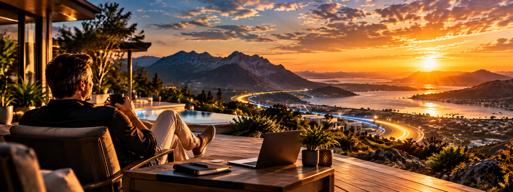 Mission Quest systems creating freedom: business owner enjoying the view while the gold and blue systems pathway leads to an open sunset horizon