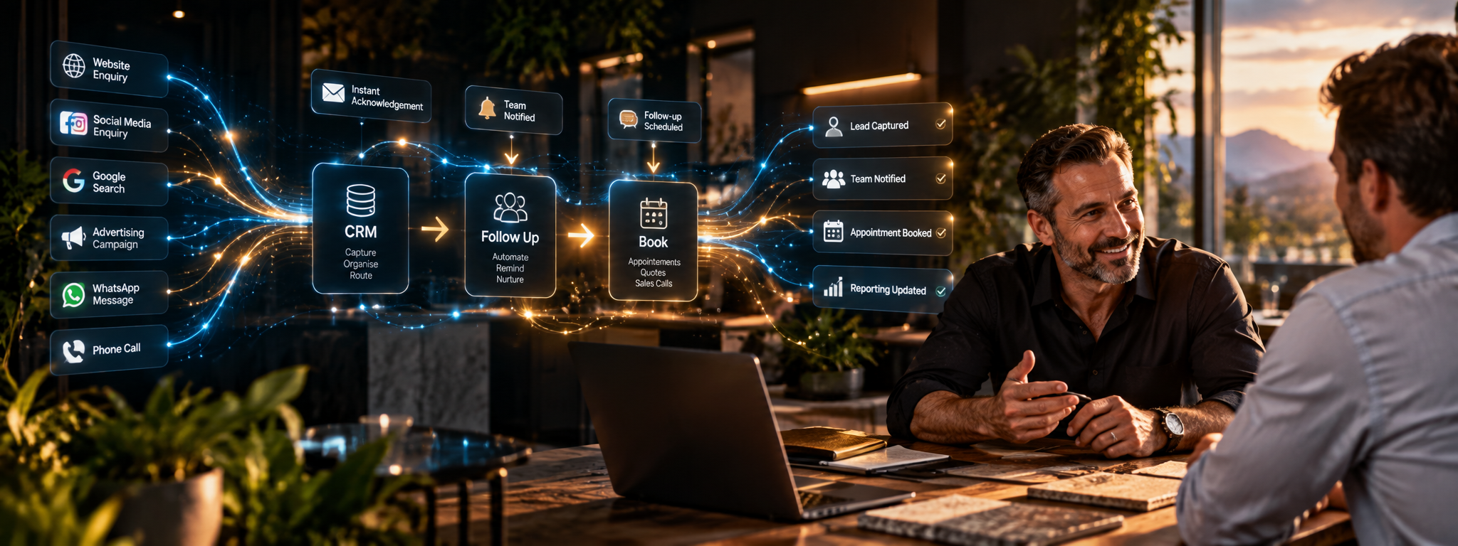 Connected system capturing and routing opportunities in the background while business partners focus on a human conversation