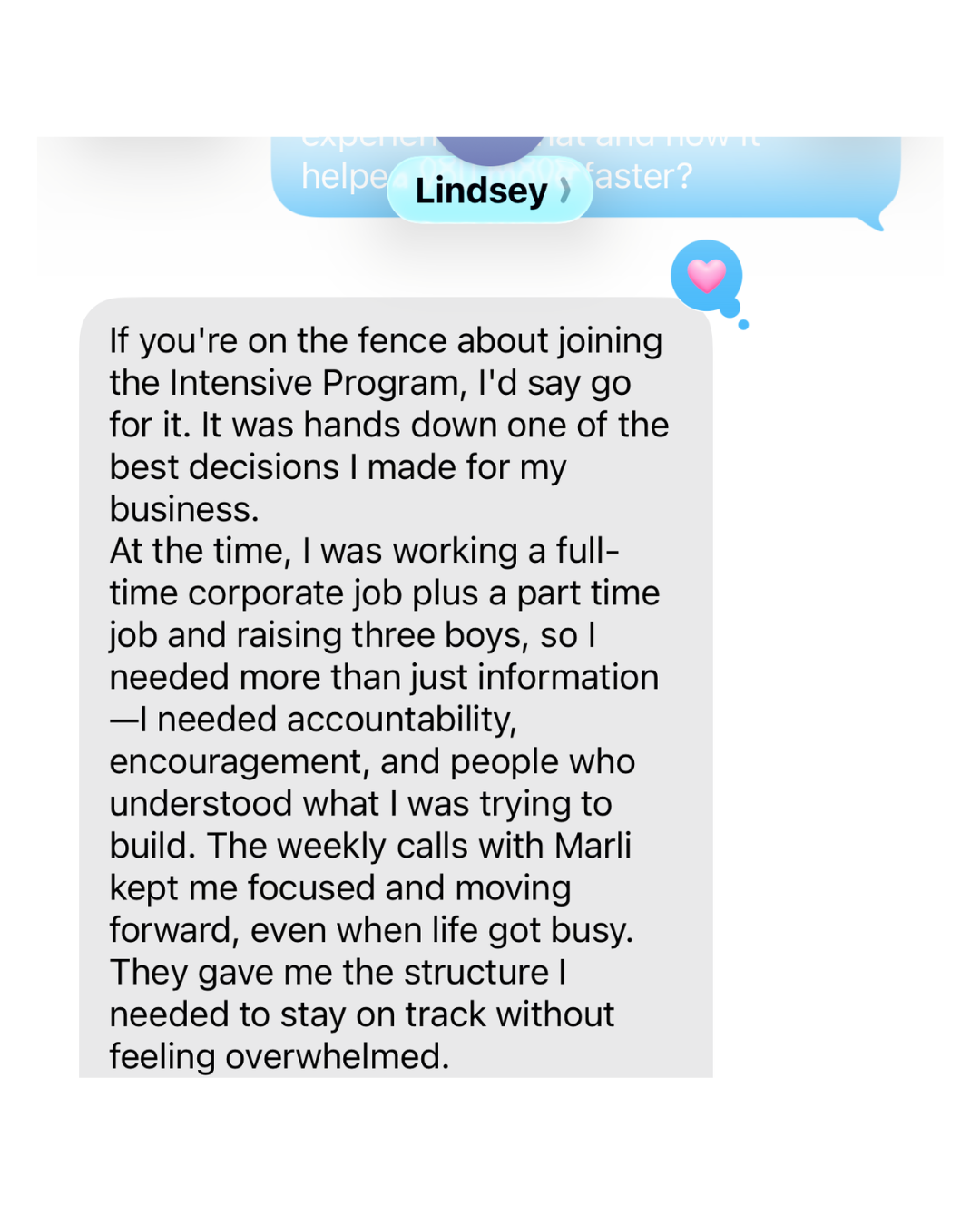 Lindsey's message about doing The Intensive while working full-time with 3 kids