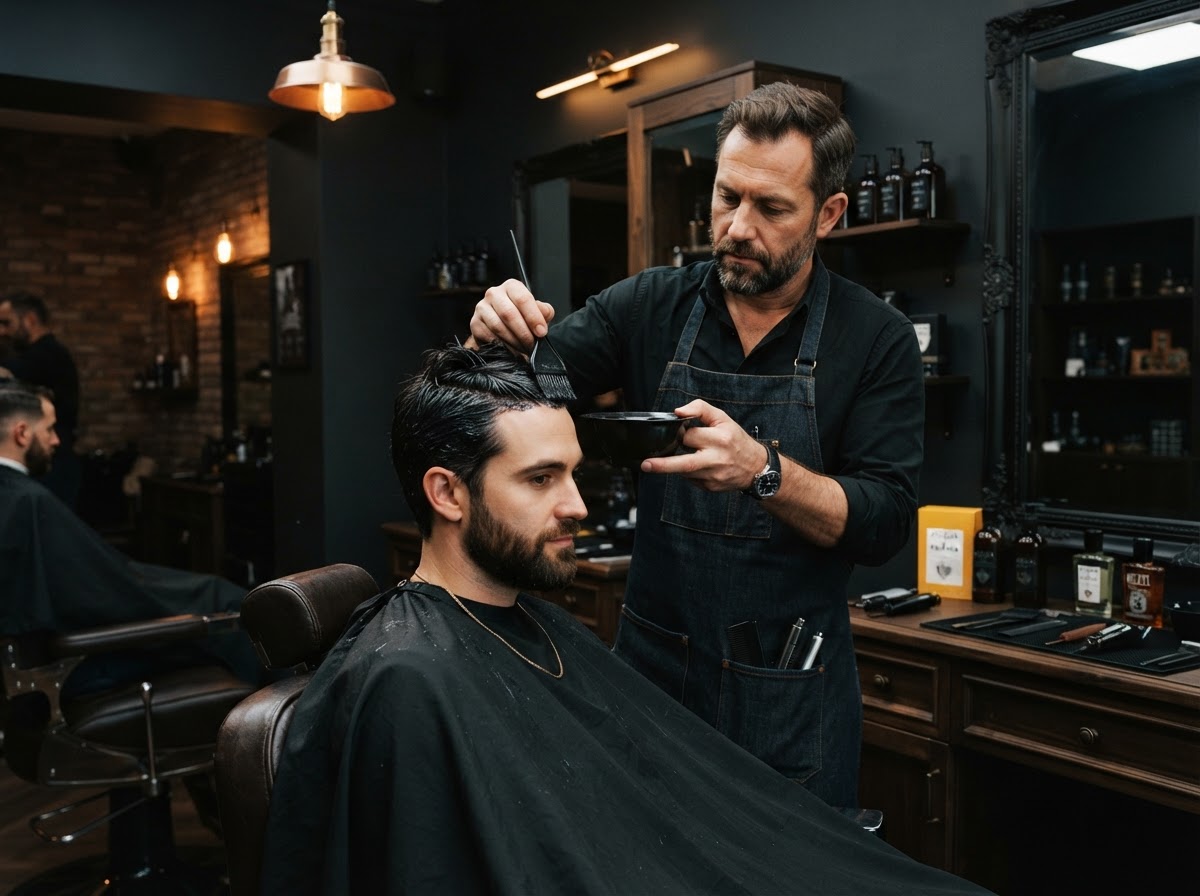 Barber applying hair color to a man's hair in a sophisticated dark salon