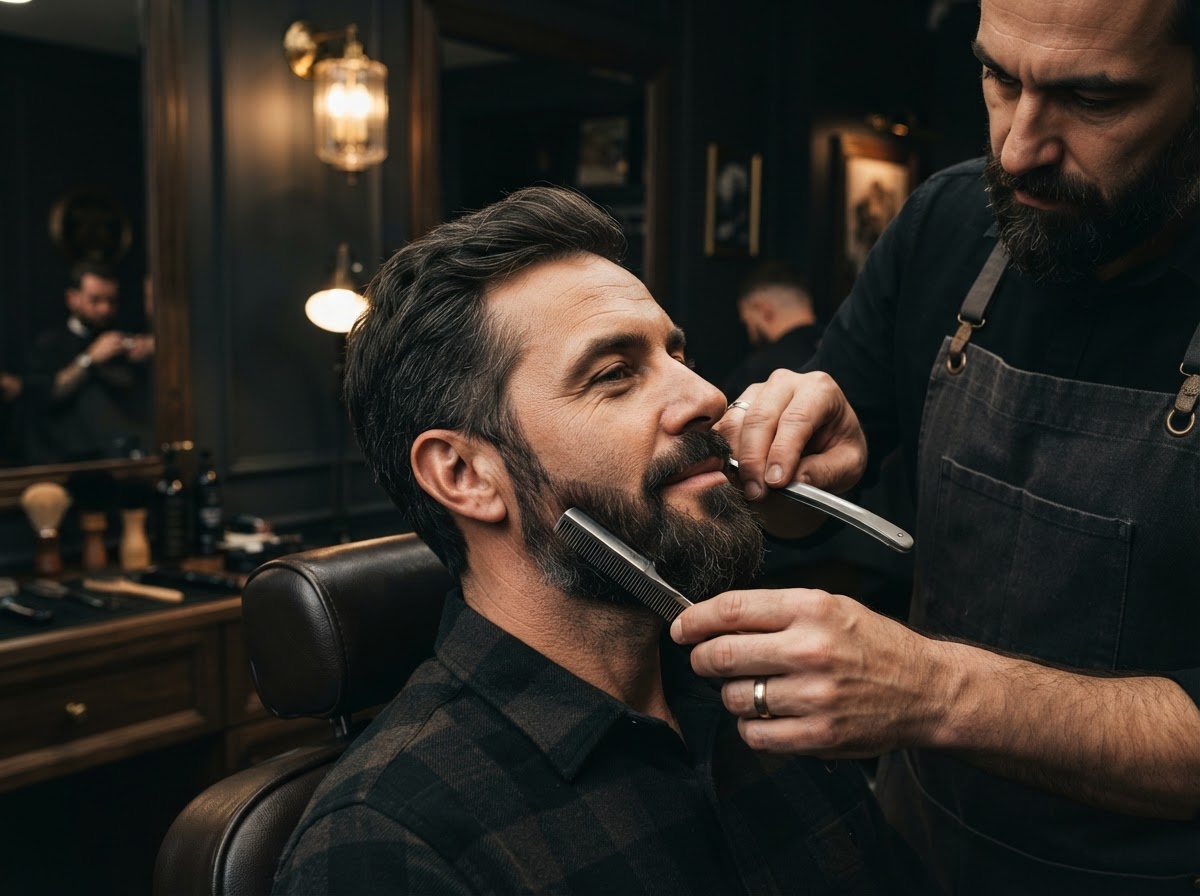 Professional beard shaping and trimming close-up in a dark barbershop