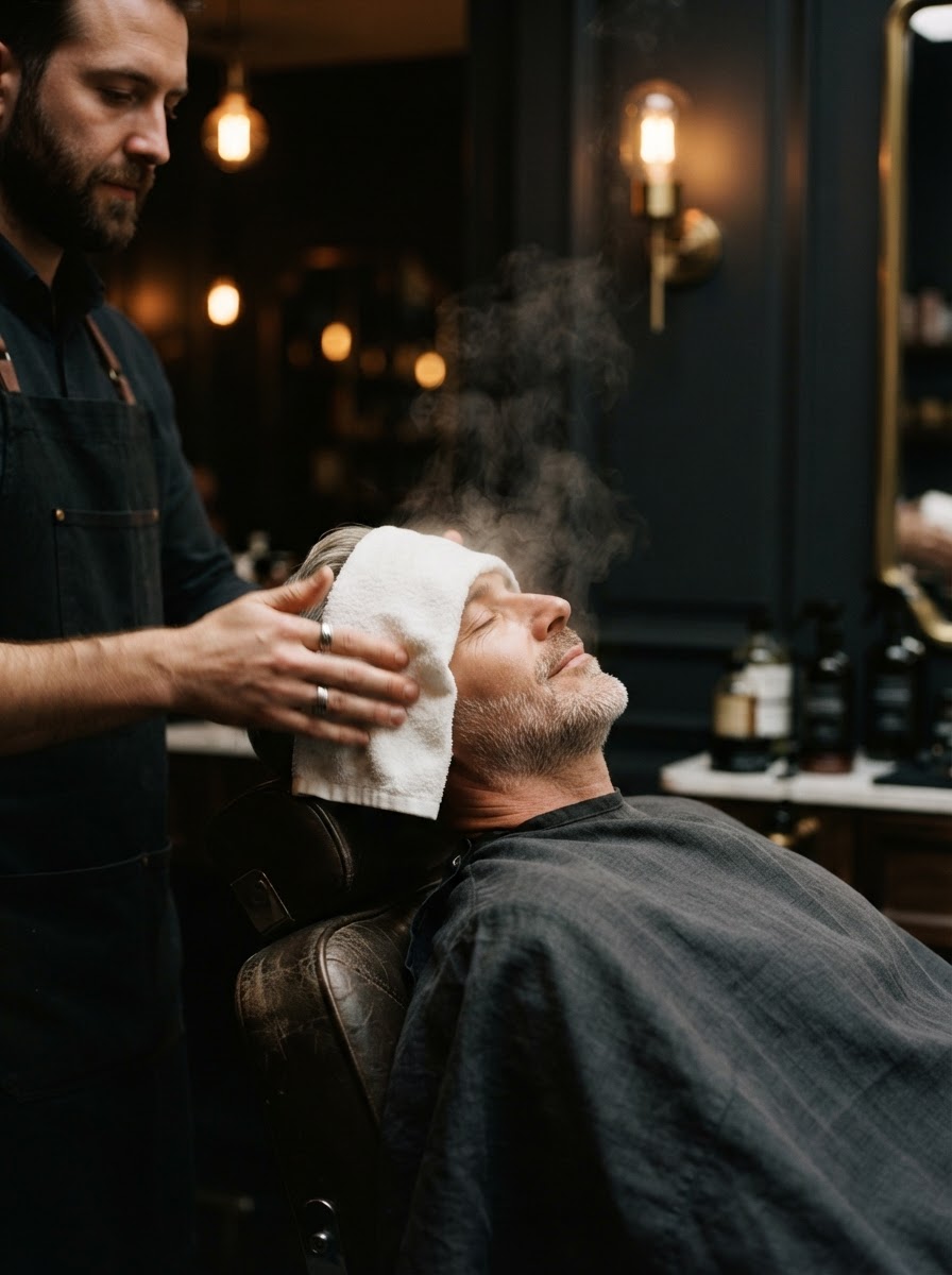 A gentleman receiving a relaxing hot towel facial service in a dark, refined barbershop