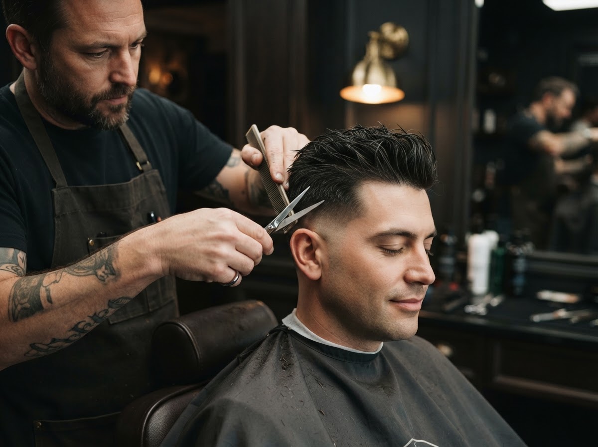 Barber performing a premium men's haircut with scissors in a dark barbershop