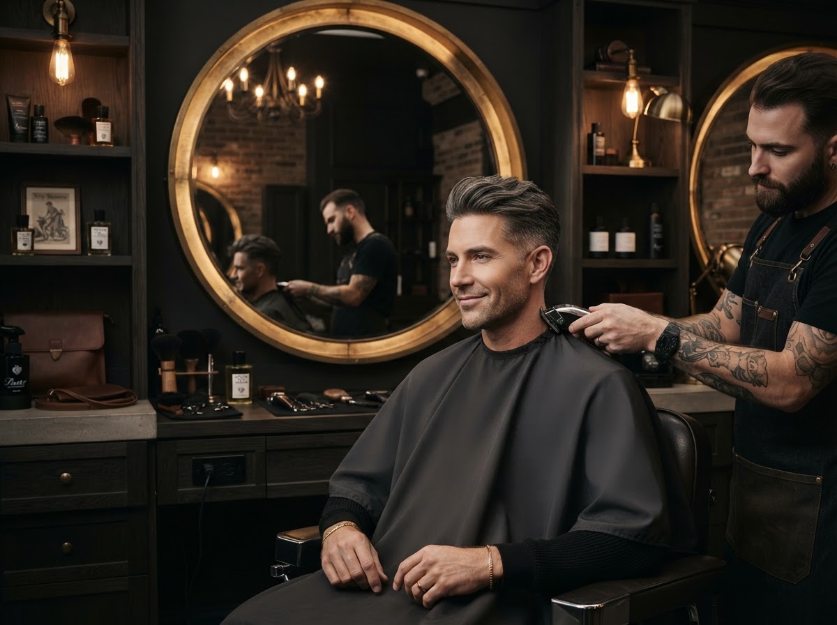 Men's haircut and professional hair coloring combined, refined finished hairstyle