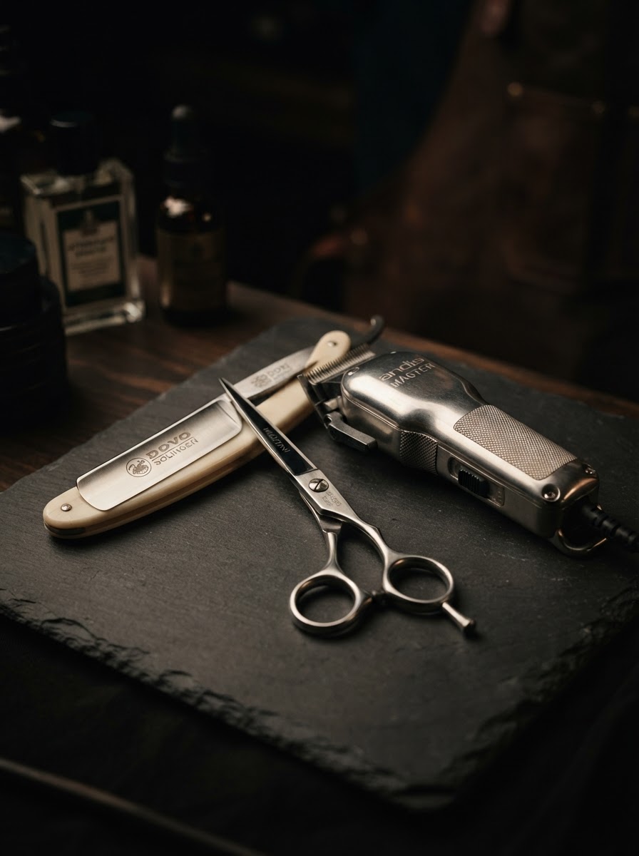 Premium barber tools arranged on a dark charcoal surface