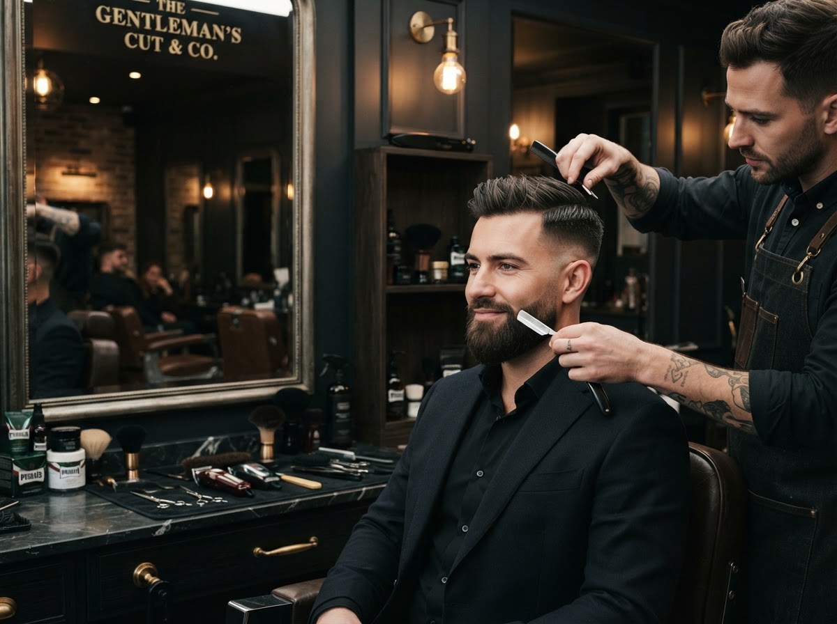 Premium men's haircut combined with beard grooming, polished finished look