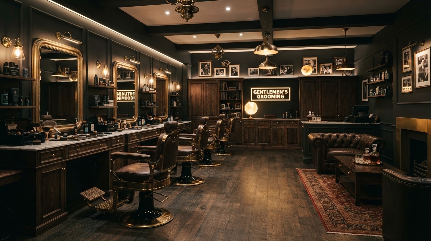 Interior of a dark, refined private barbershop