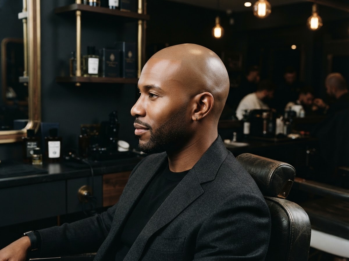 Clean bald head with a precision razor finish in a premium grooming setting