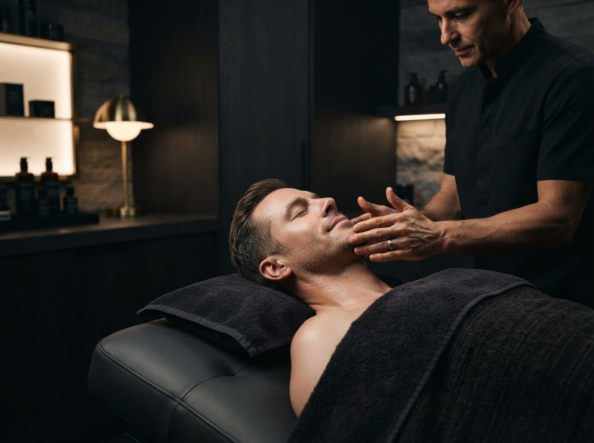 Relaxing men's facial massage in a calm upscale dark grooming environment