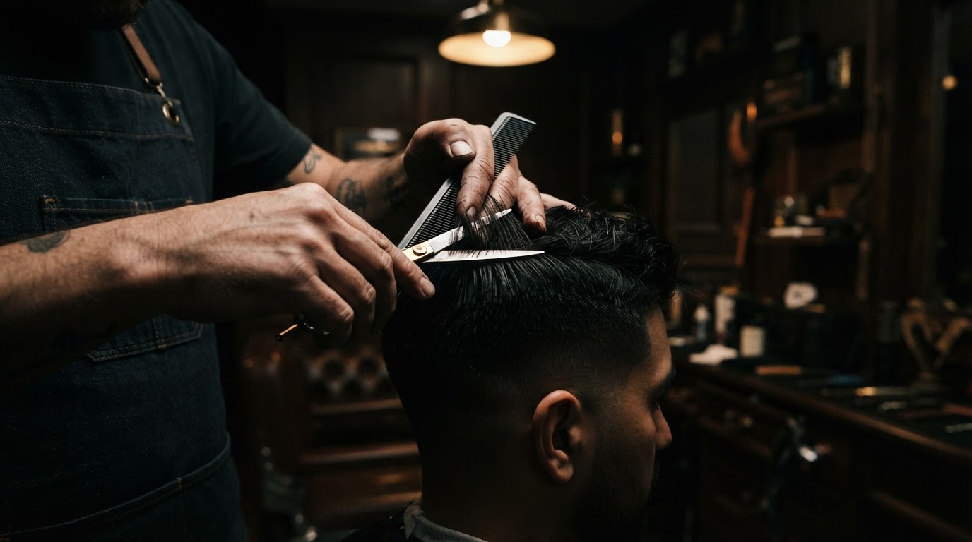 Barber performing a precision haircut with scissors in a dark, refined barbershop