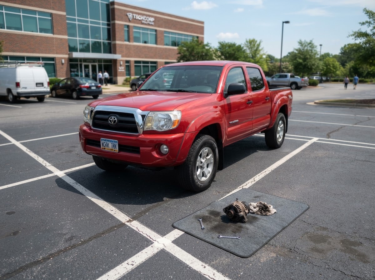 Completed alternator replacement on a red truck in a workplace parking lot with the old alternator set aside