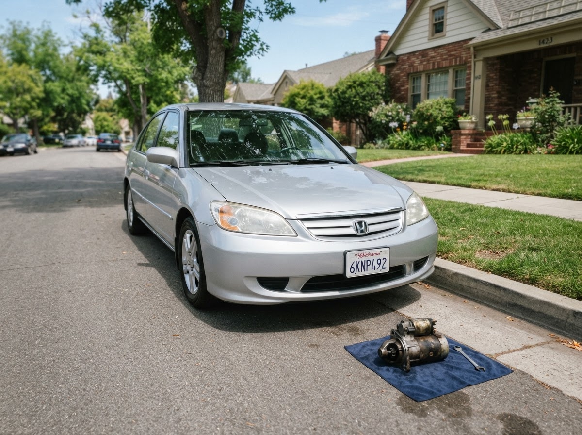Completed starter replacement on a silver compact car at a residential curb with the old starter set aside