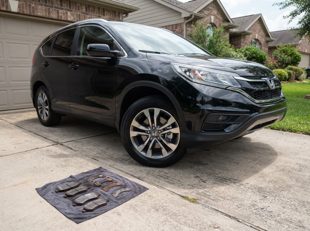 Completed front brake job on a black family SUV in a driveway with new pads and rotors installed