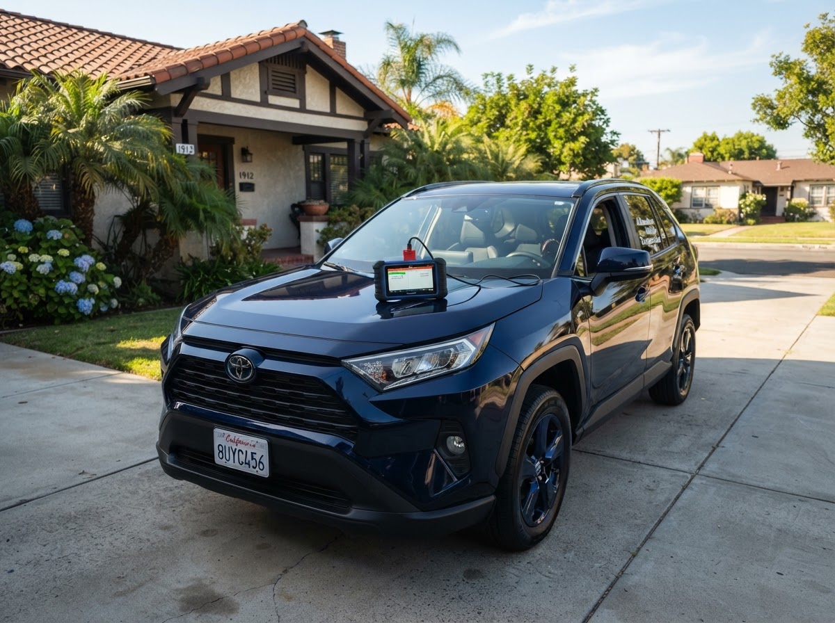 Completed mobile diagnostics on a dark blue SUV in an Alhambra driveway with codes cleared and check engine light resolved