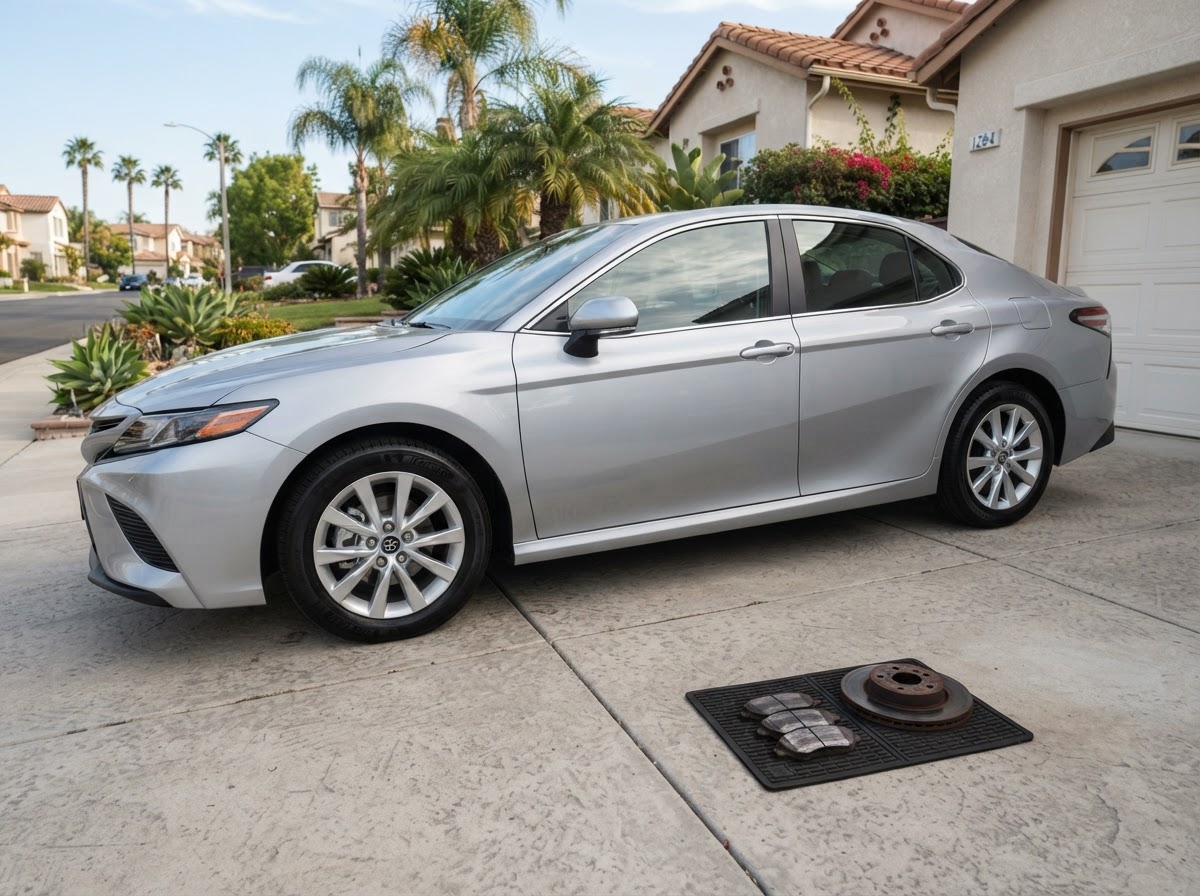 Completed mobile brake repair on a silver sedan in an Alhambra driveway with new pads and rotor installed