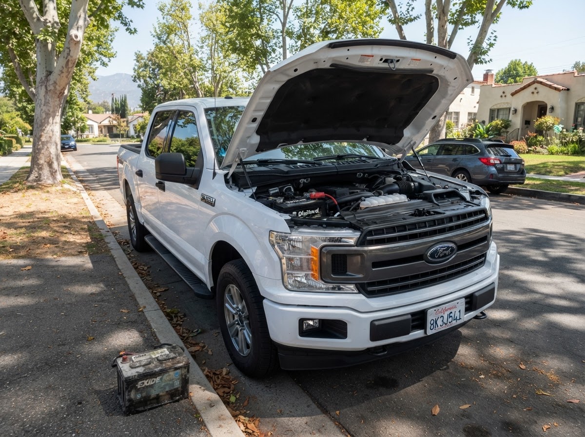 Completed starting and charging system service on a white truck on a residential street in Alhambra with a new battery installed