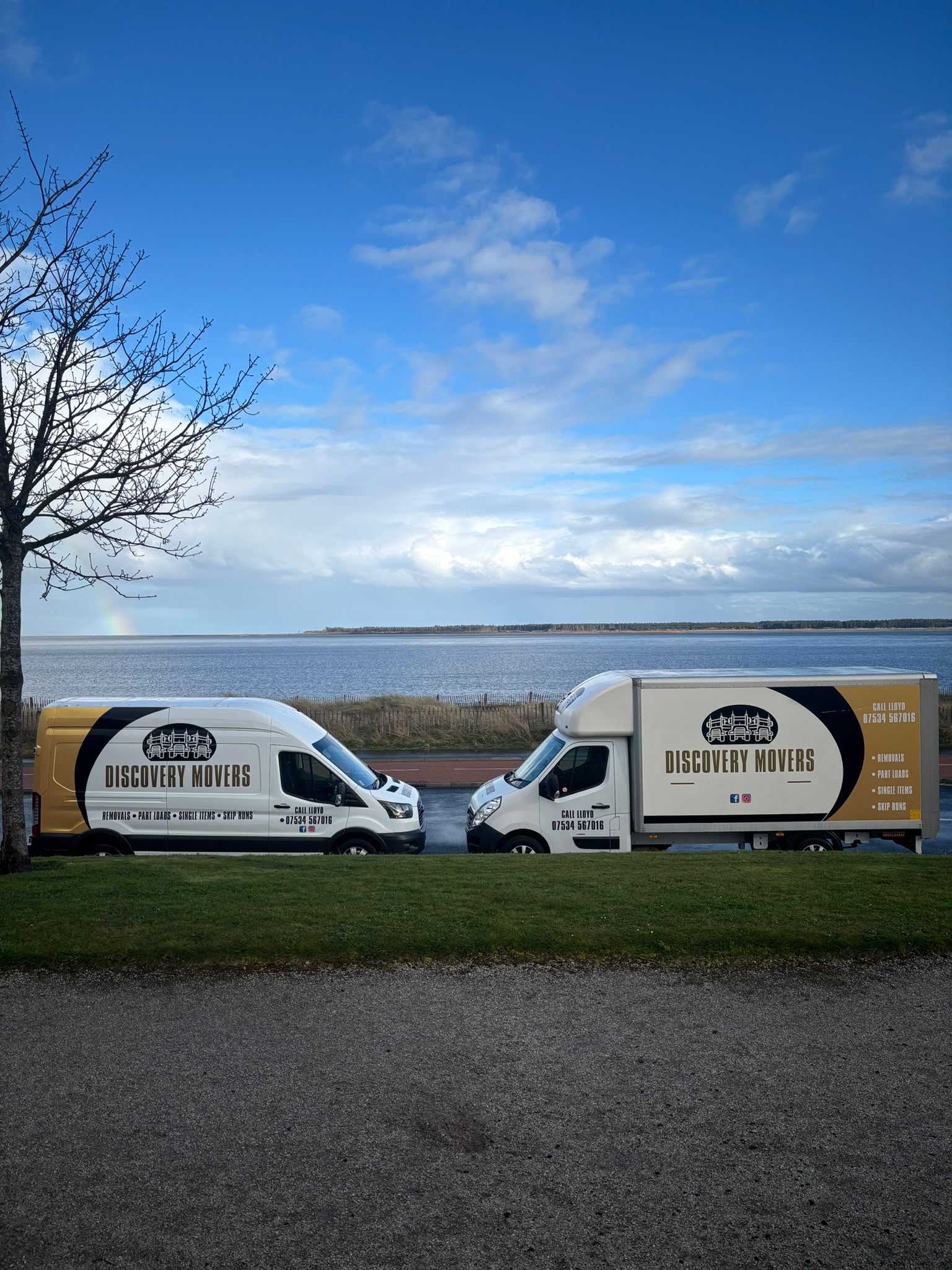 Discovery Movers removal van and Luton parked by the coast in Carnoustie
