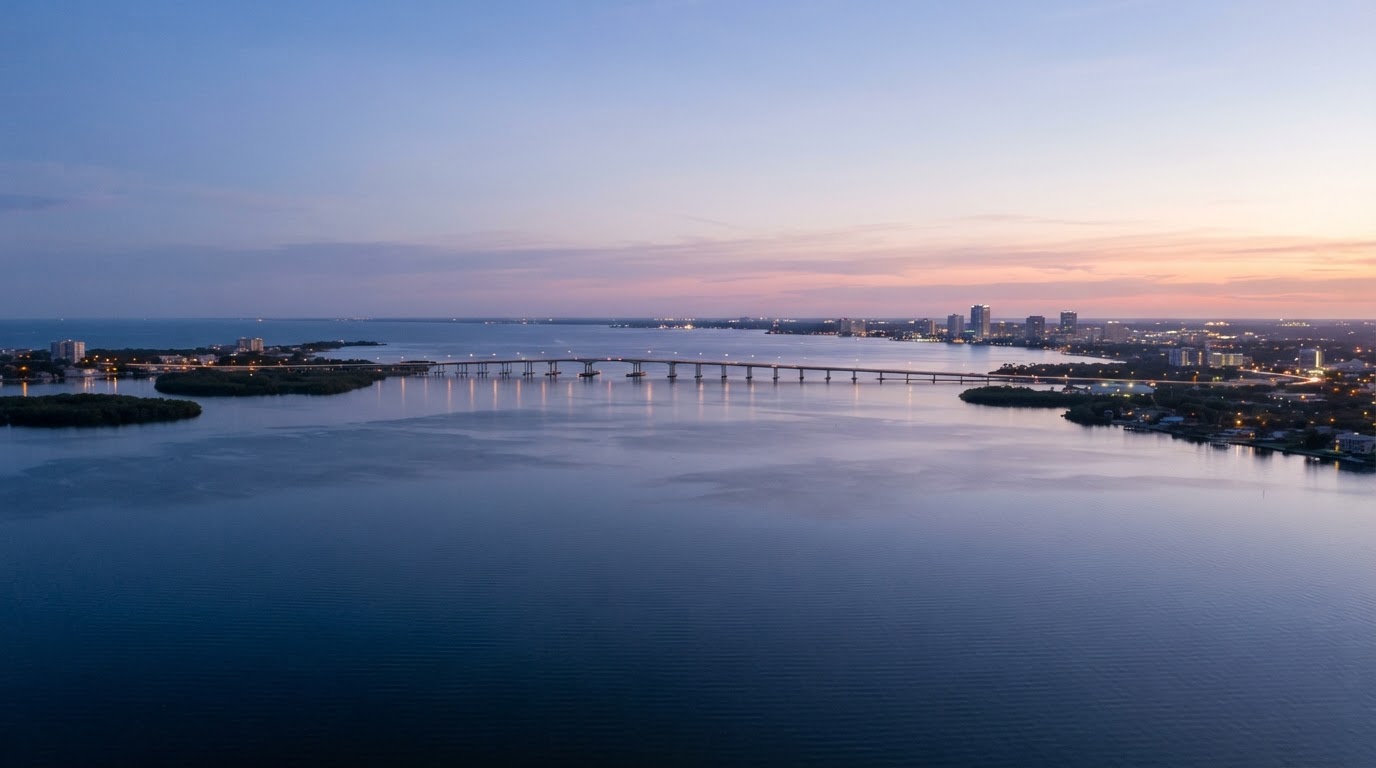 Aerial view of Tampa Bay at blue hour