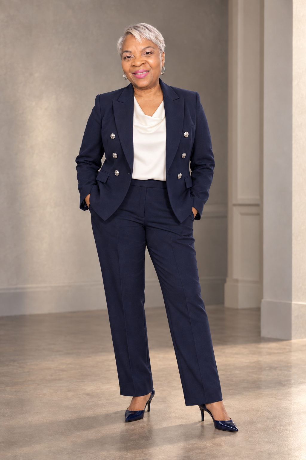 Iris Gathing in navy tailored suit