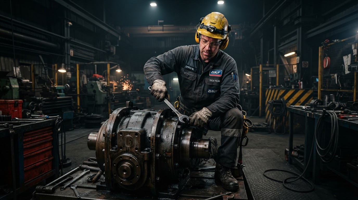 Técnico especialista reparando maquinaria industrial pesada