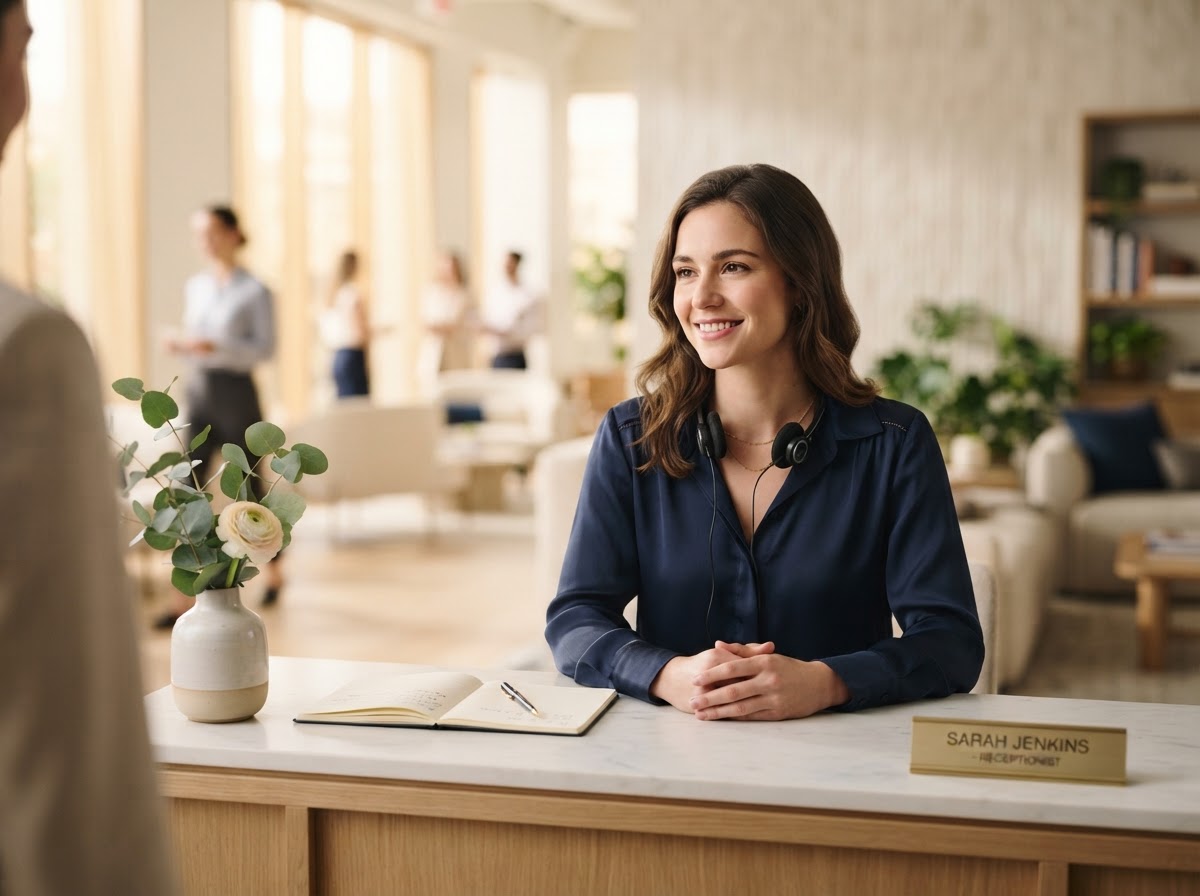 A calm receptionist at a modern front desk, ready to help callers