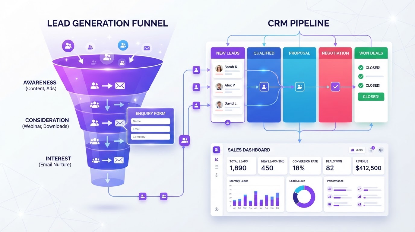 Lead generation funnel concept with enquiry forms and a CRM sales pipeline
