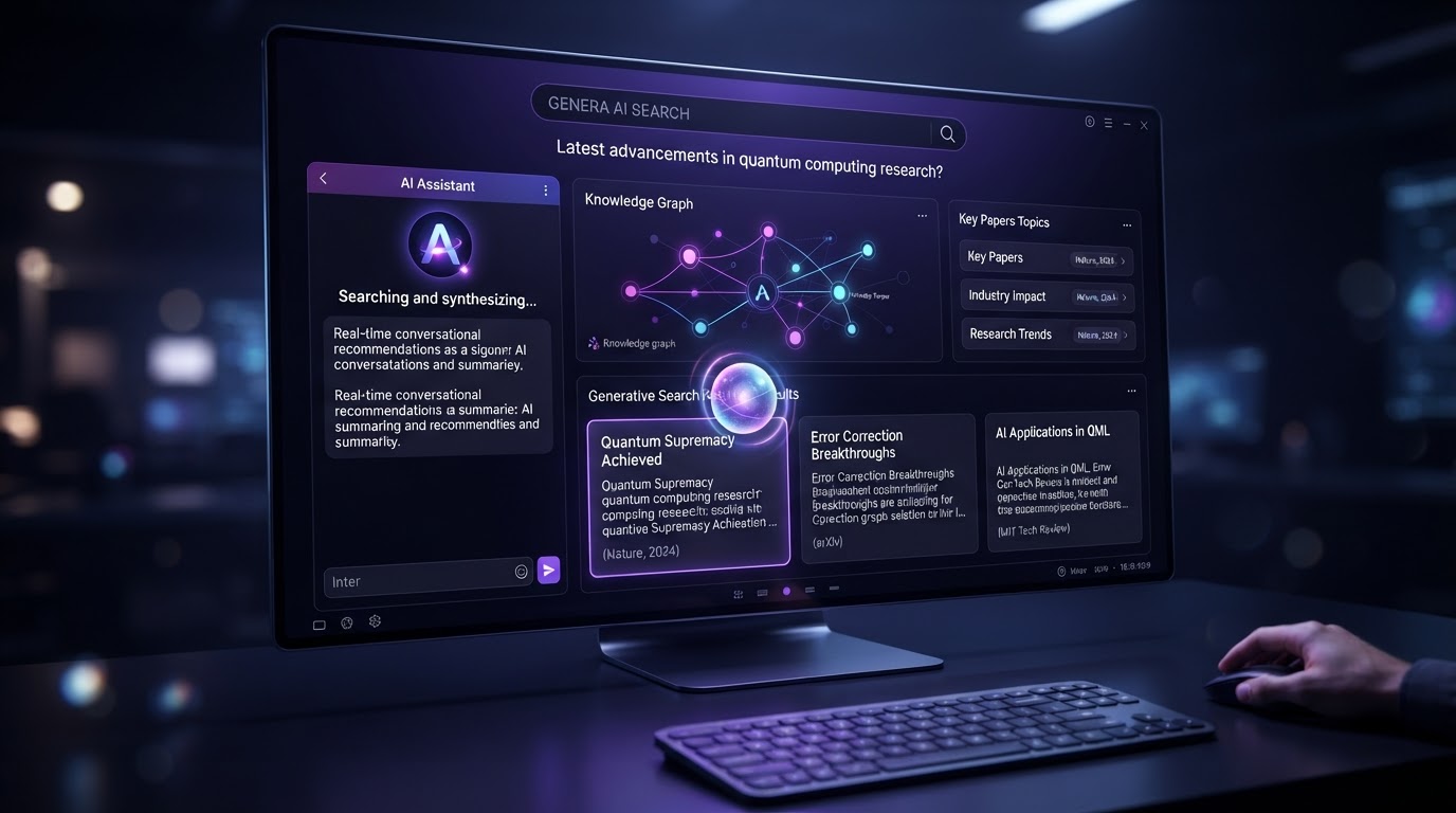 Futuristic AI search interface with glowing chat recommendations