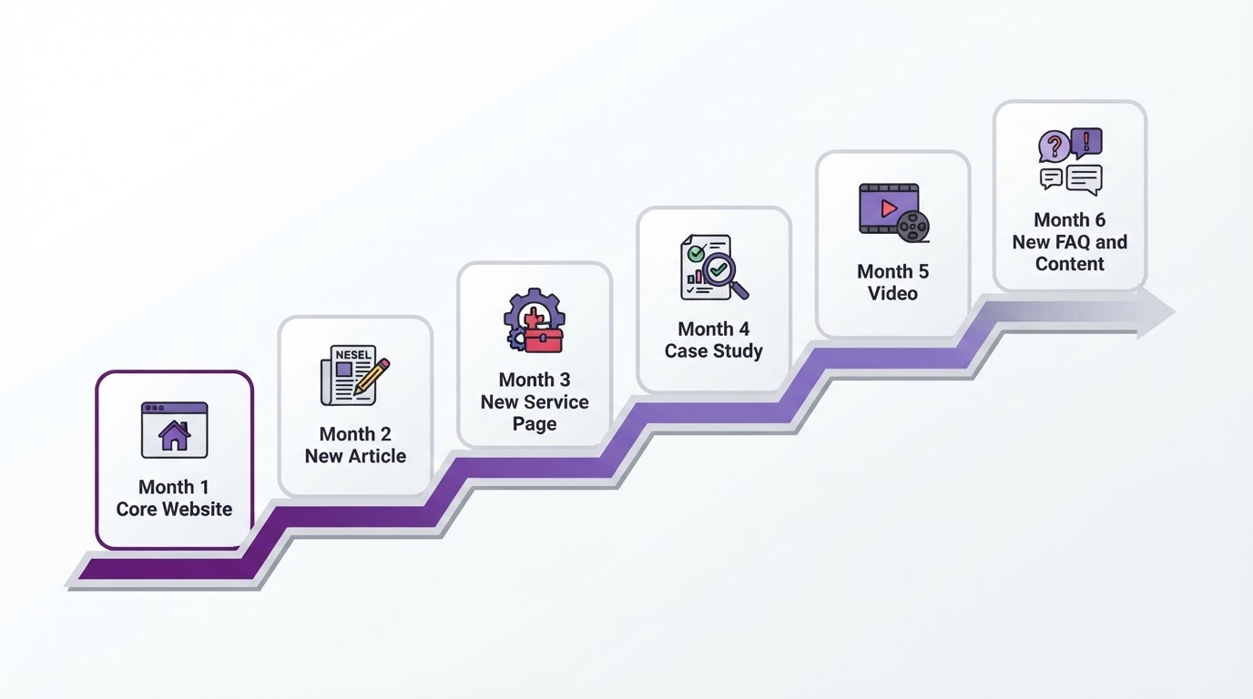 A six-month timeline showing a website growing with new articles, service pages, case studies, video and FAQ content