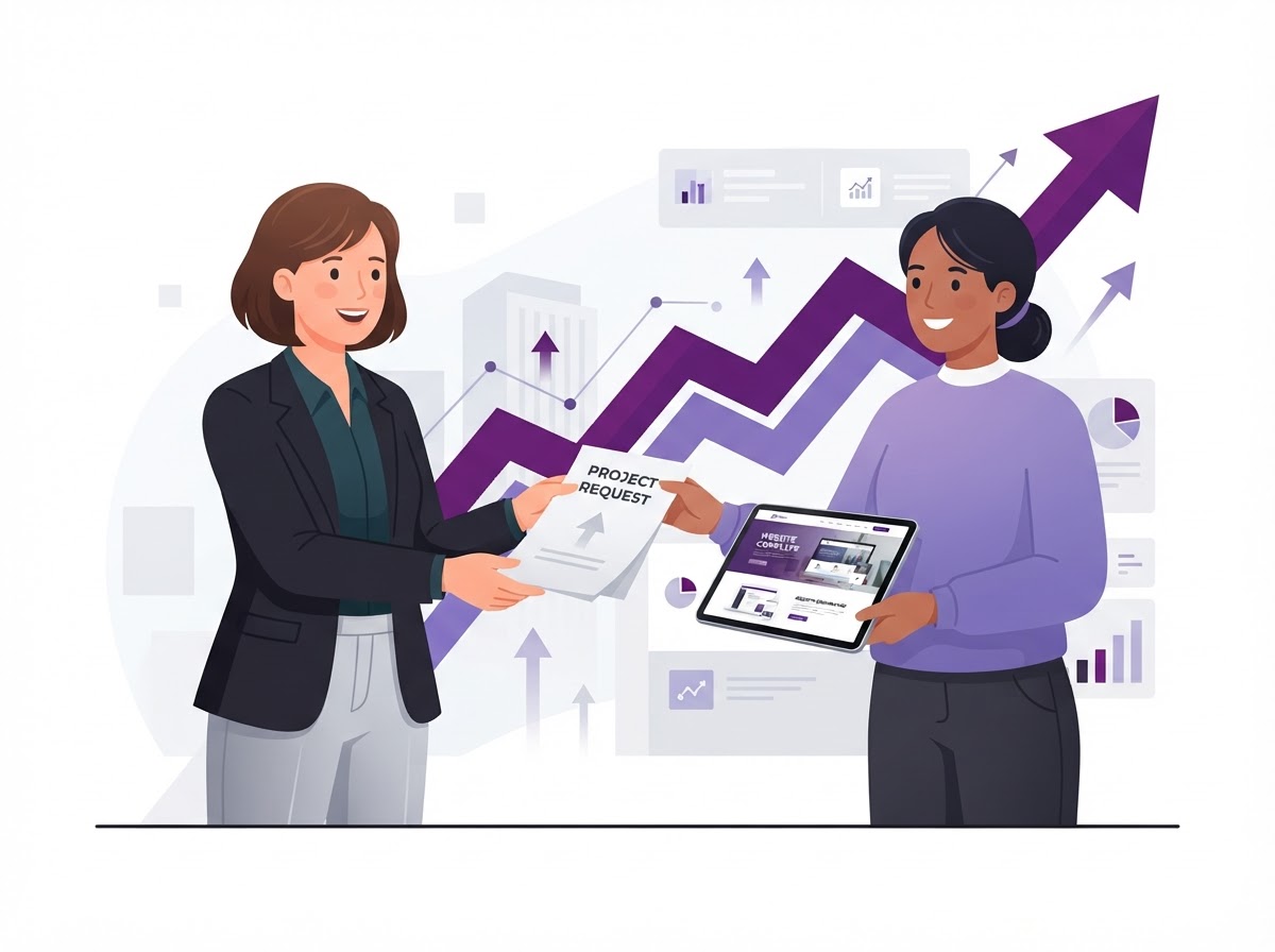 A business owner handing a simple request to StepInto and receiving the finished webpage back