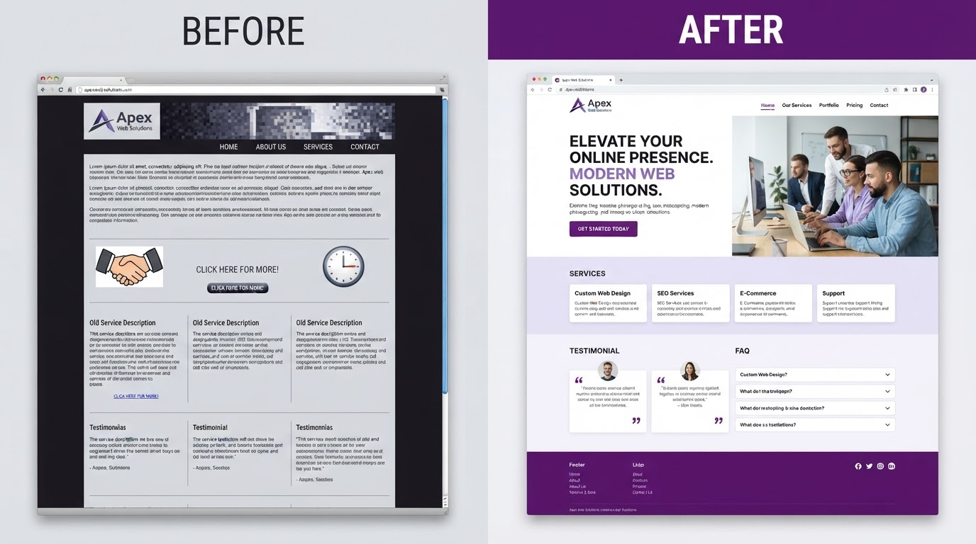 Before and after comparison: an outdated website transformed into a clean modern high-converting website by StepInto Digital Marketing