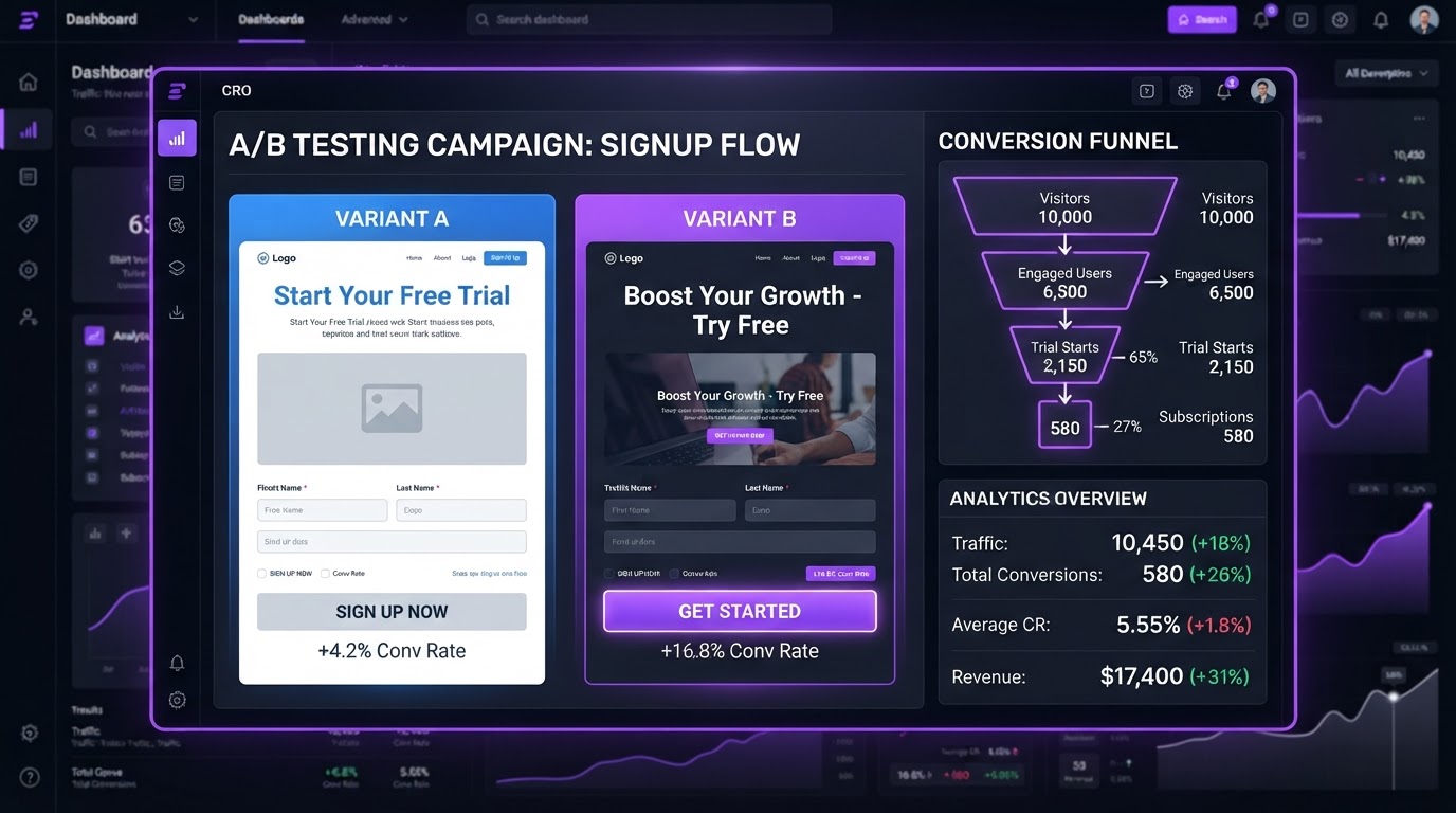 Conversion rate optimisation concept with A/B testing and call-to-action buttons