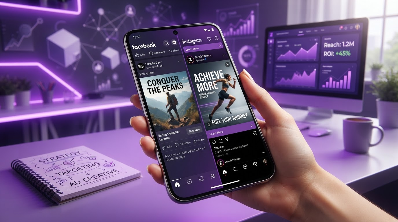 Social media advertising concept with ad creatives on a smartphone