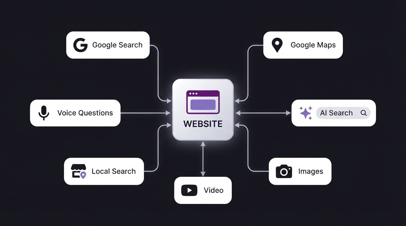A website branching out to Google Search, Google Maps, AI Search, Images, Video, Local Search and voice questions