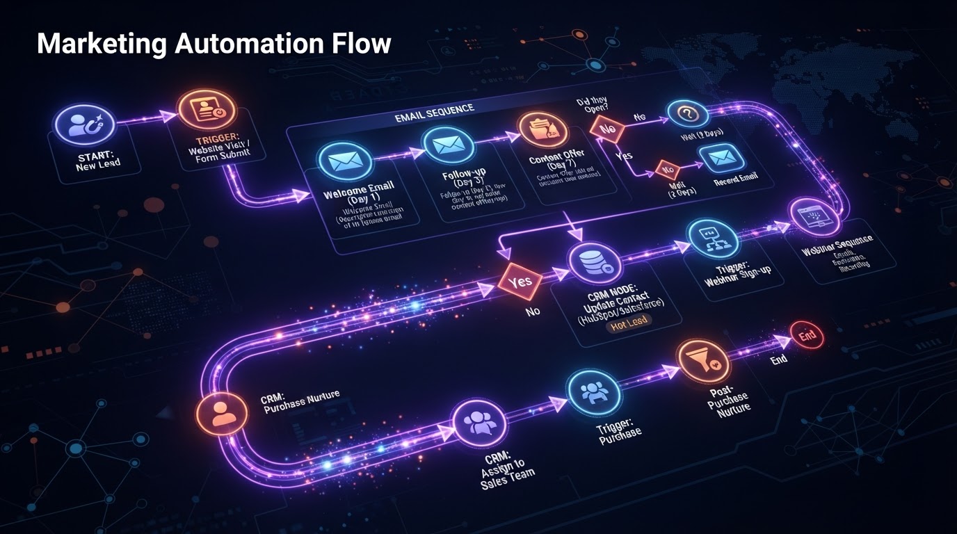 Marketing automation workflow diagram with email sequences and CRM triggers