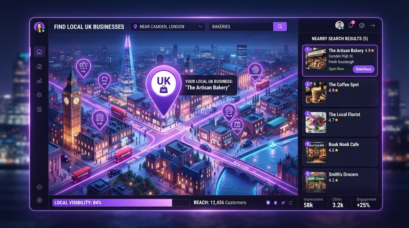 Local UK business marketing concept with a glowing map and storefront pin