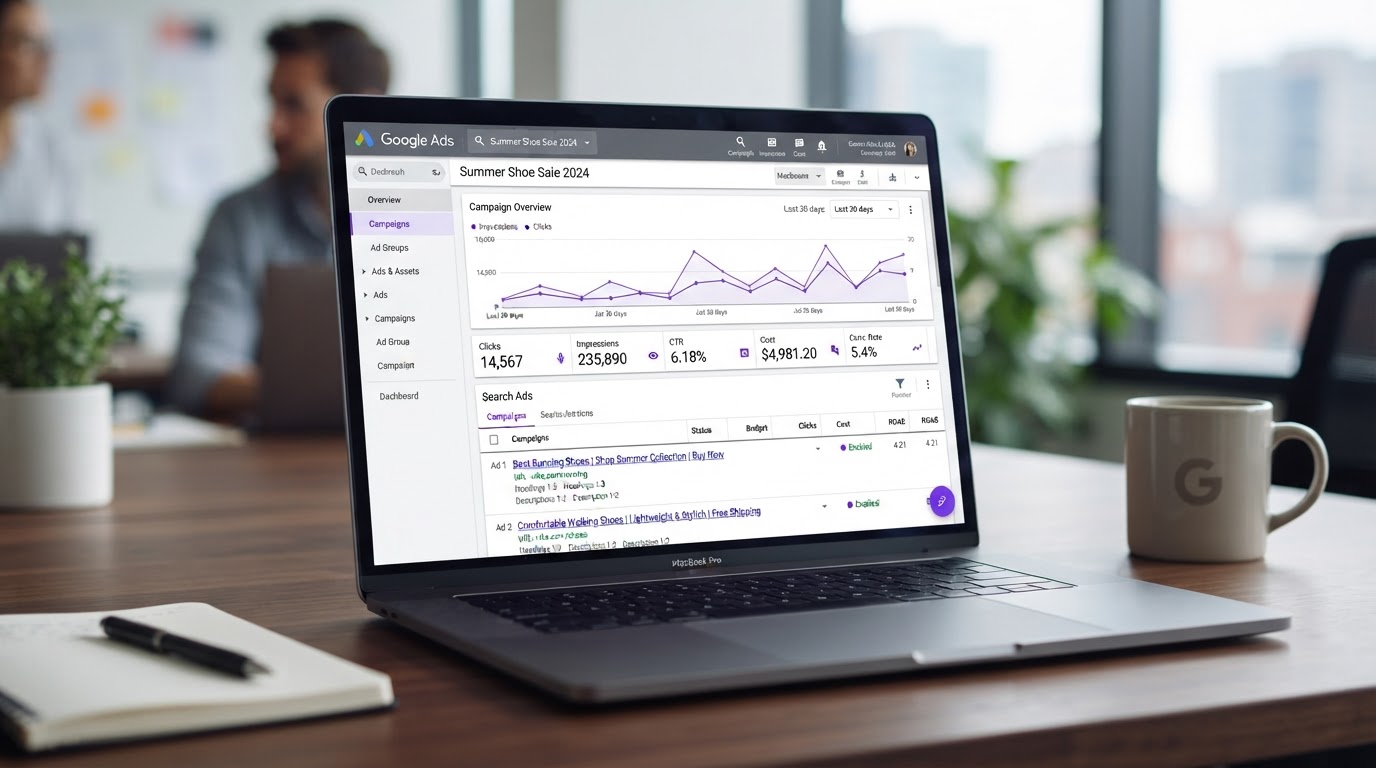Google Ads campaign management interface mockup with search ad previews