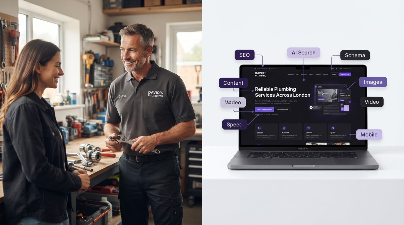 A UK tradesperson running their business while StepInto's team builds and optimises their website with SEO, AI search, schema, content and speed improvements
