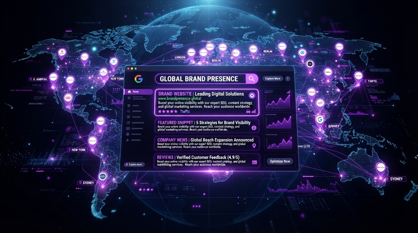 Online brand visibility concept with search result snippets and map pins