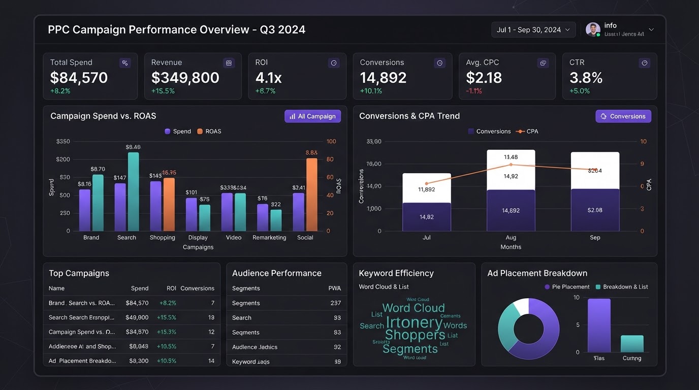 PPC advertising performance dashboard with budget metrics and bar charts