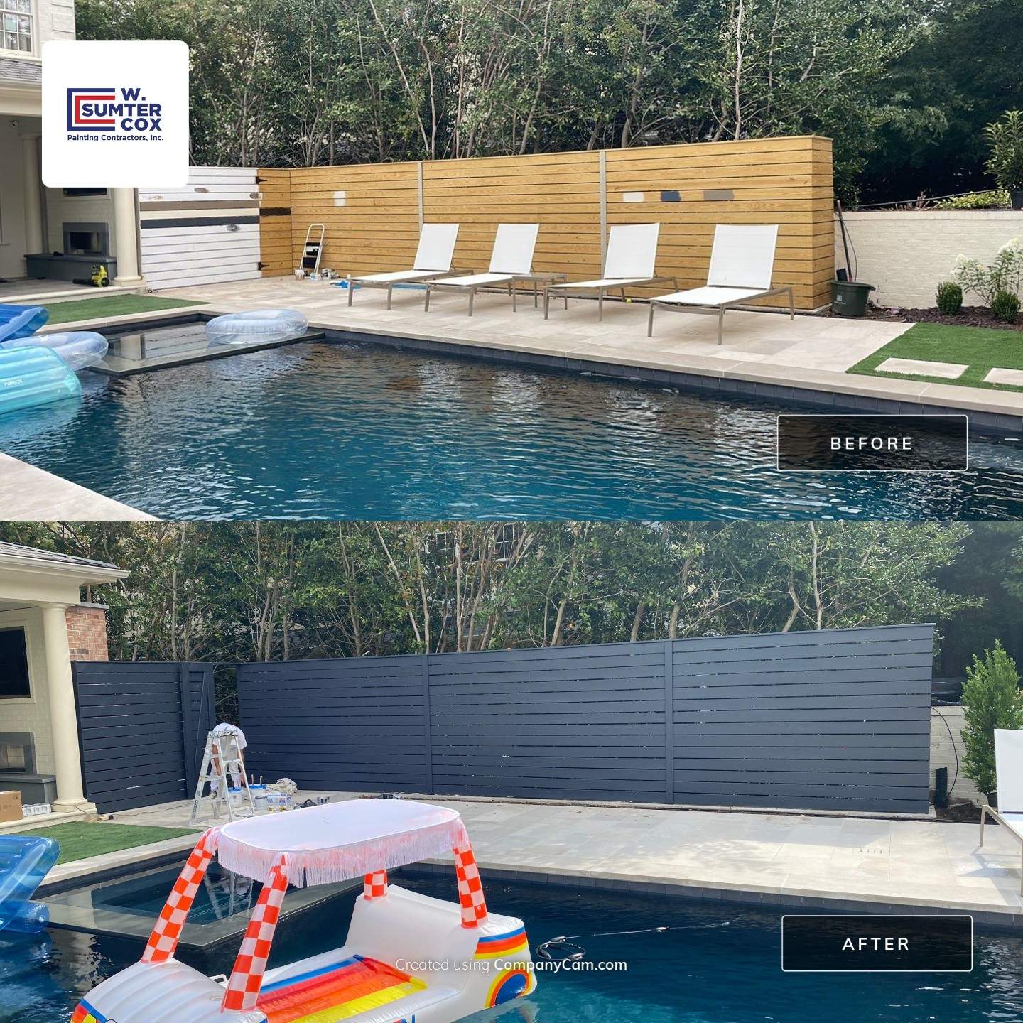 Exterior pool fence painting and staining before and after project