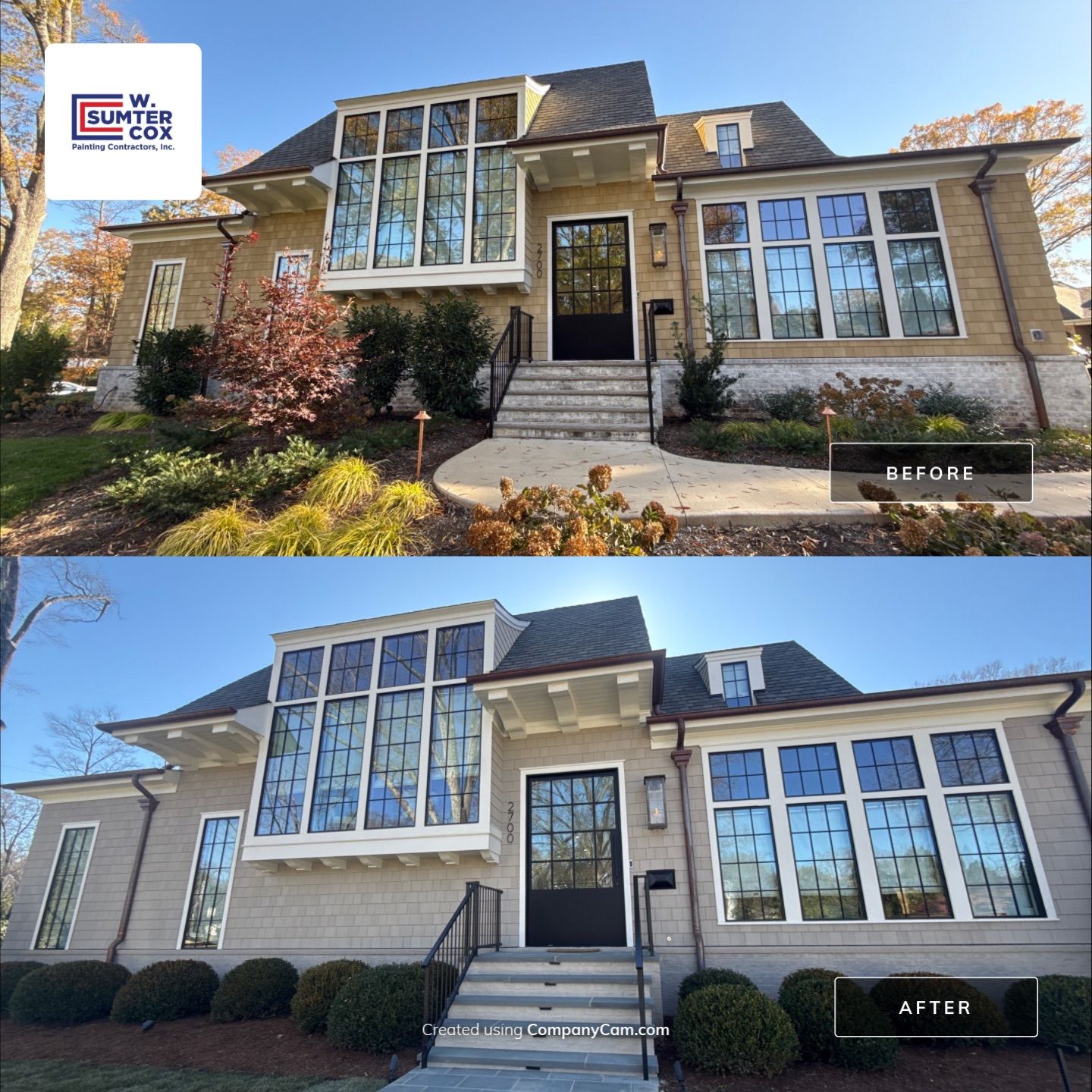 Exterior home shake and siding painting before and after in Charlotte