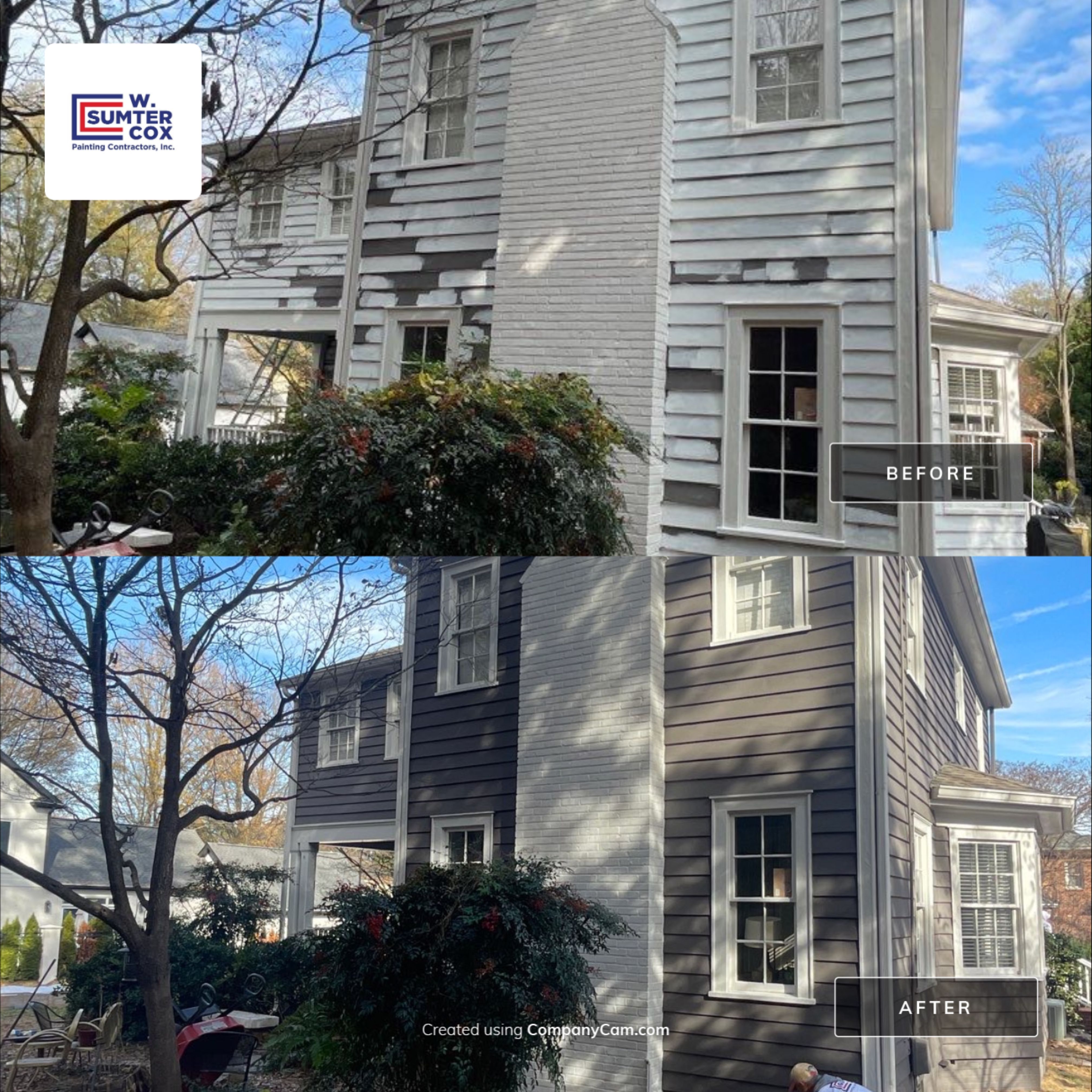 Full exterior siding and chimney painting before and after transformation in Charlotte NC