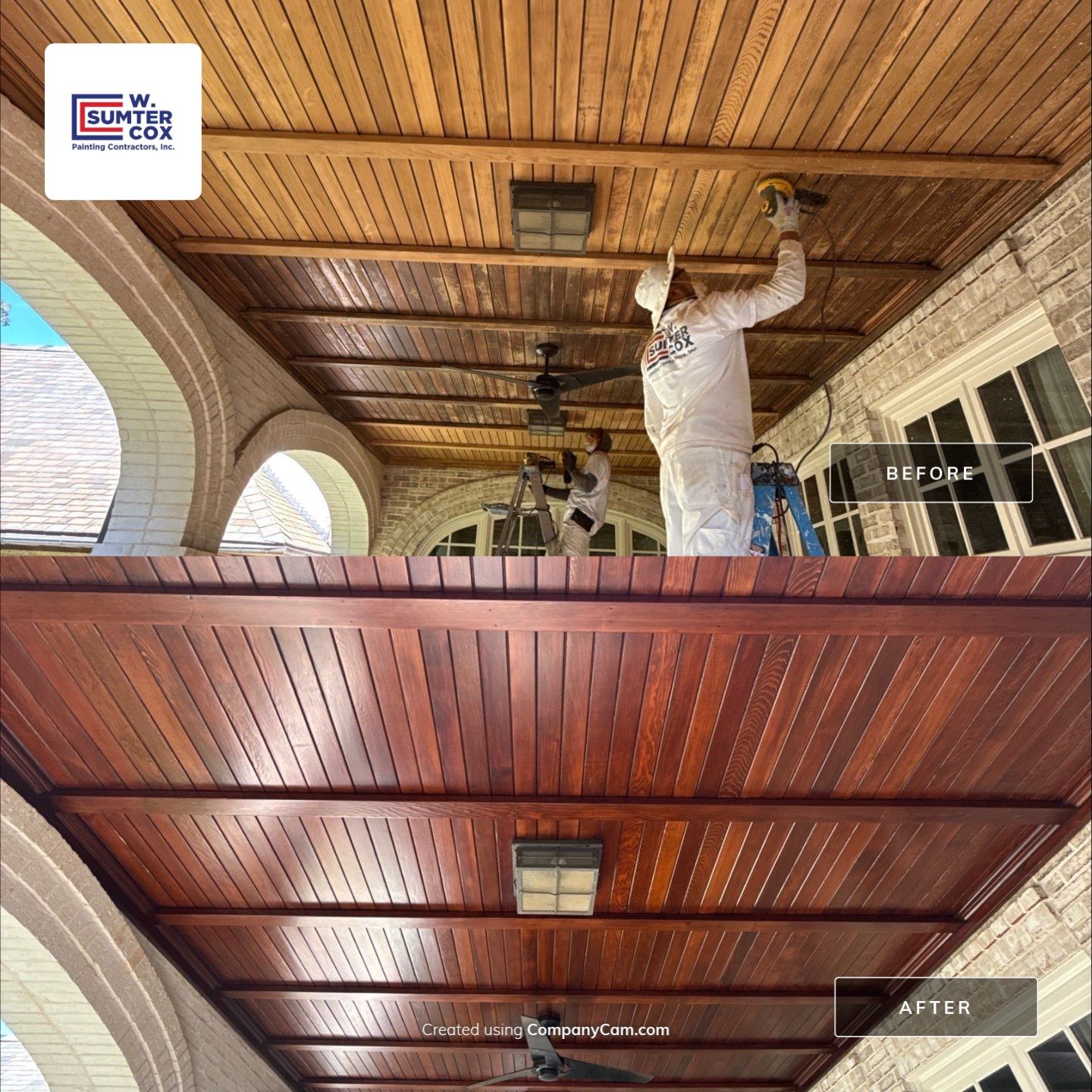 Porch wood ceiling staining and refinishing project in progress and completed
