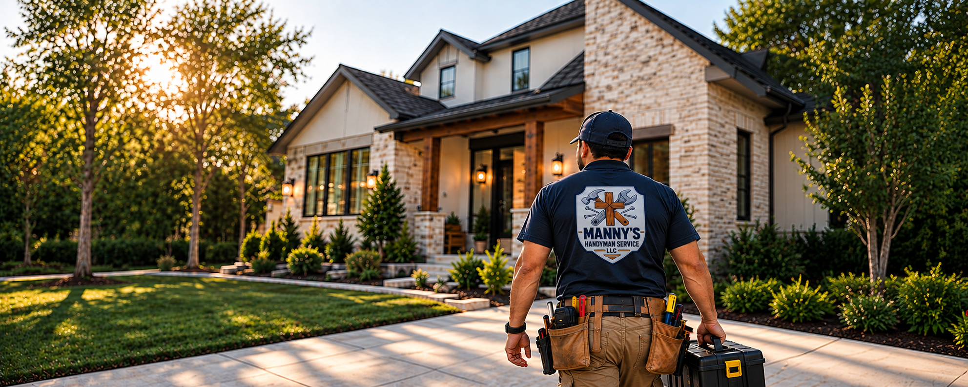 Manny wearing his branded uniform carrying tools toward a residential home