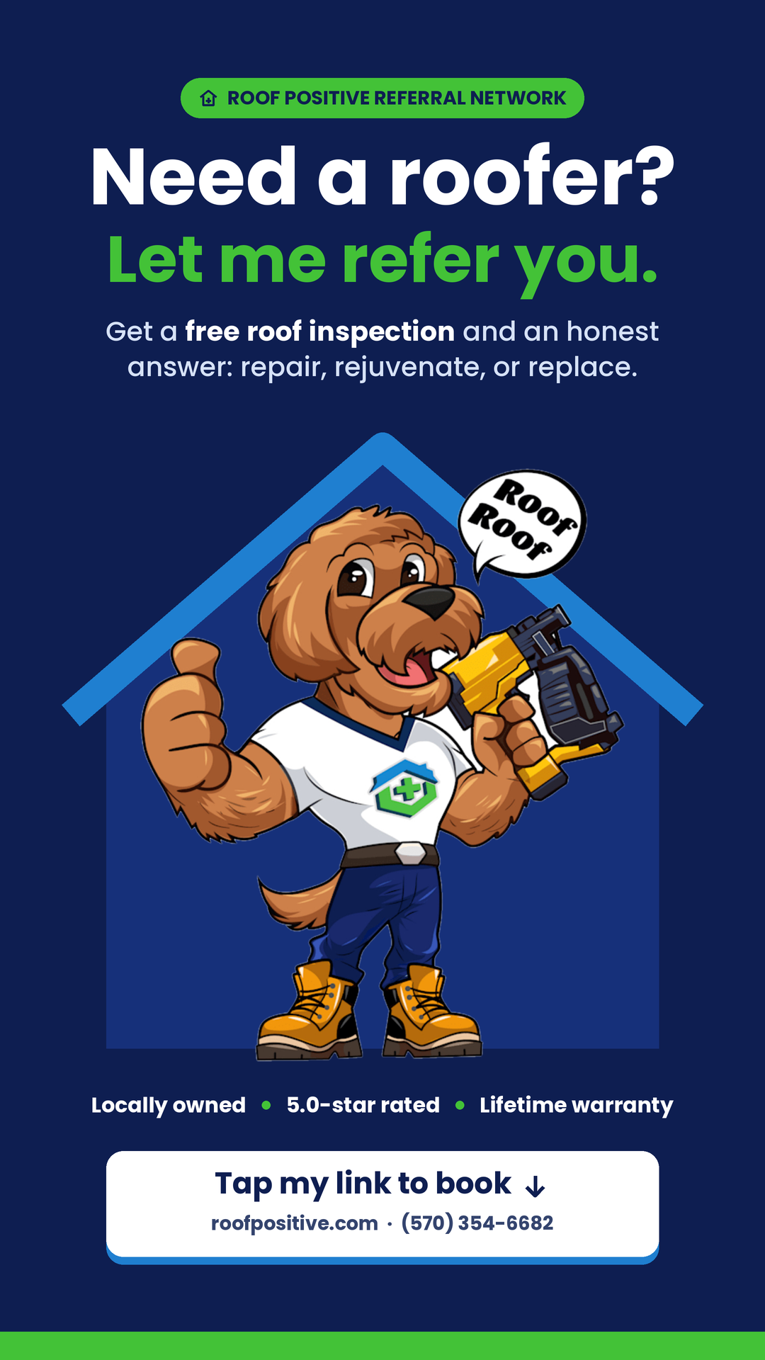 Roof Positive Referral Graphic — Story vertical format with mascot