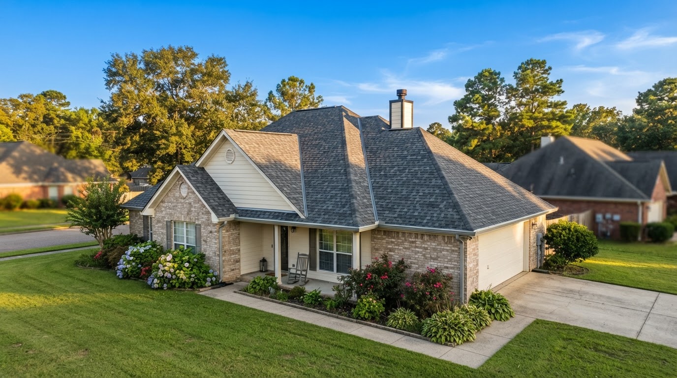 Freshly installed architectural shingle roof on a Southern Arkansas home